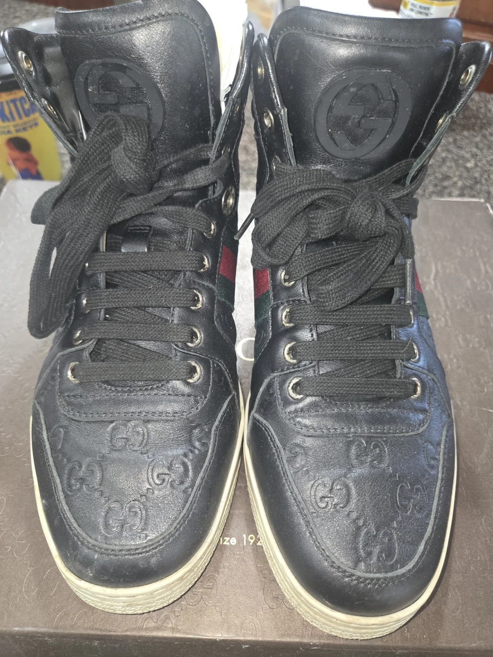 Gucci Black Leather High-Top Sneakers with Signature Web Stripe